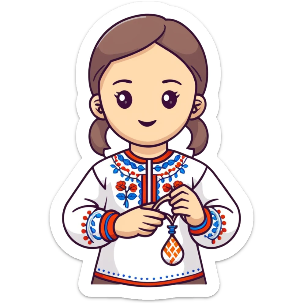 Ukrainian girl in traditional embroidered vyshyvanka shirt holding a DNA molecule in her hand sticker
