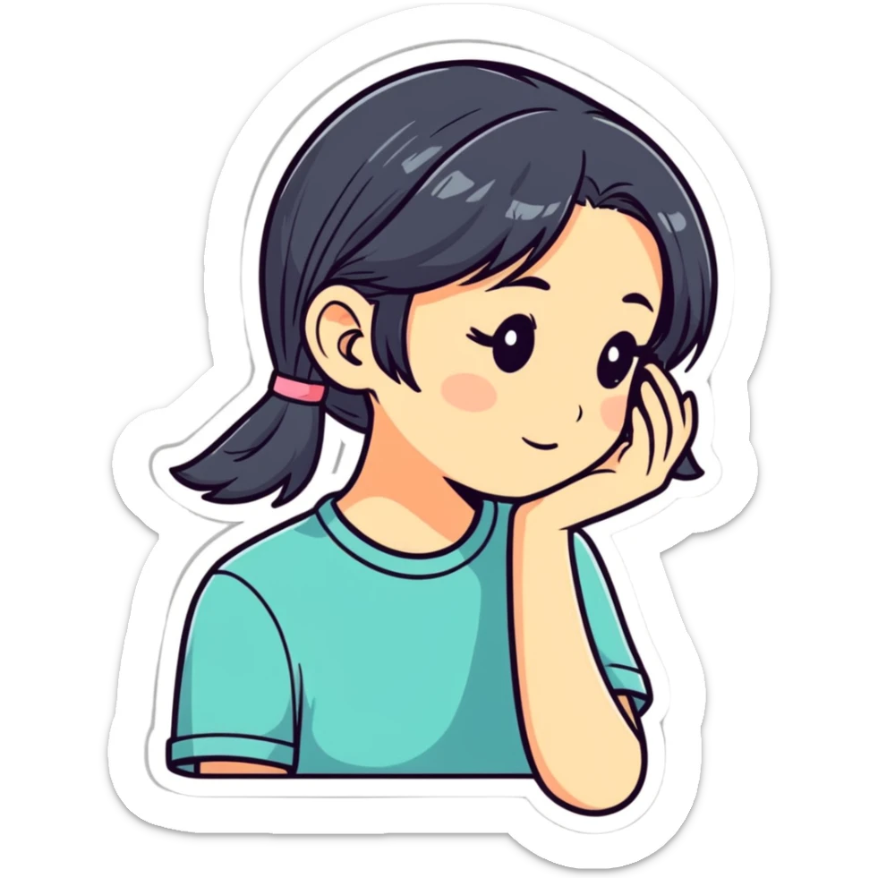 shy girl tucking her hair behind her ear, cartoonish sticker style sticker