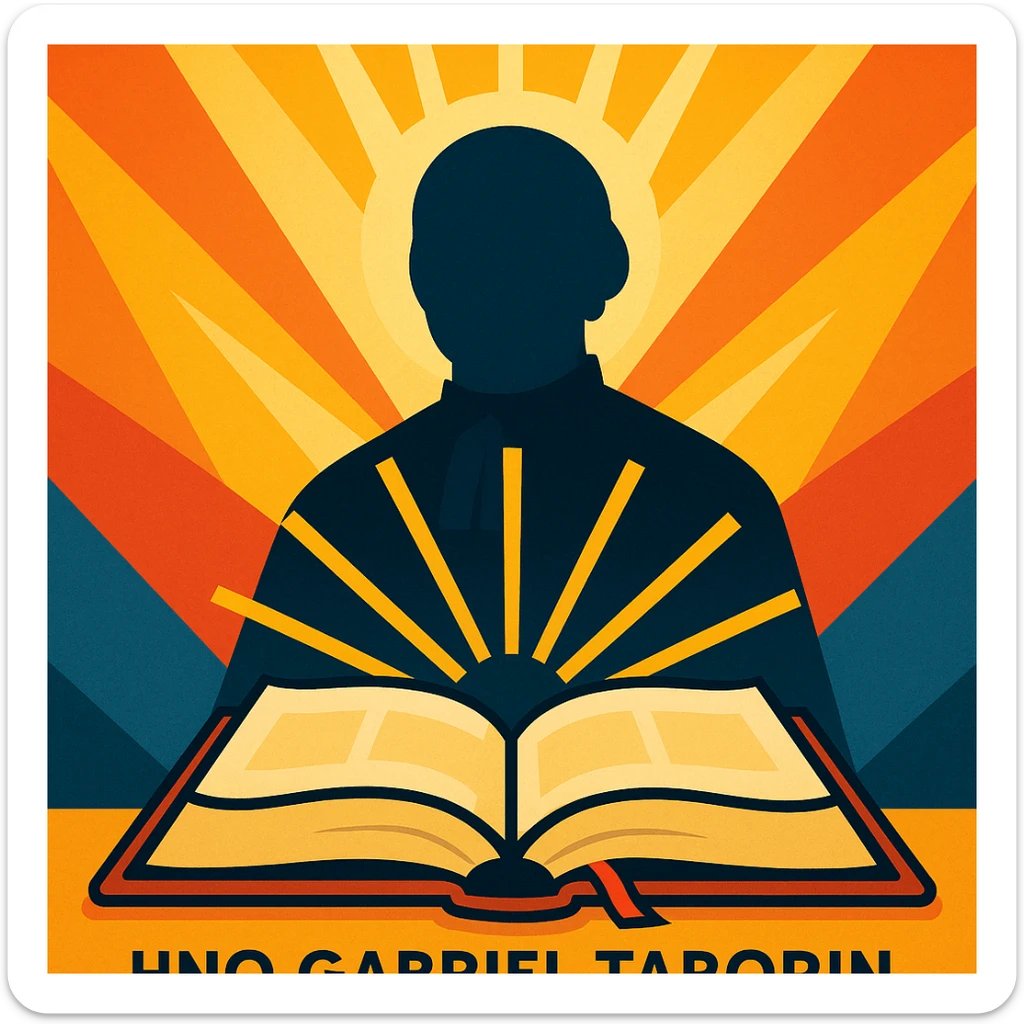 open Bible with rays of light and a silhouette of Hno. Gabriel Taborin, inspirational and modern, Christian vocational animation sticker