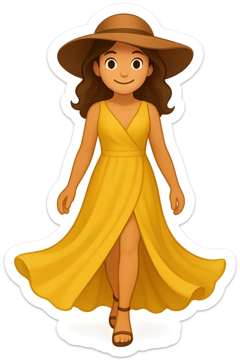 A model woman walking down a fashion runway in a beautiful dress with a wide brim hat that shows them grin a bit, emoji style sticker