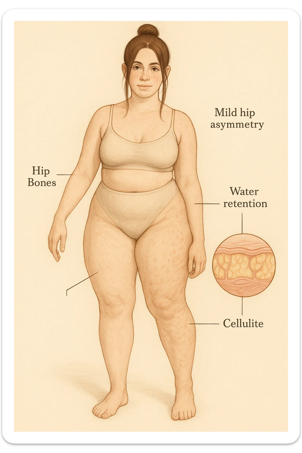 Realistic anatomical illustration of a woman with mild hip asymmetry, water retention, and cellulite, viewed in a soft, educational, body-positive way. sticker