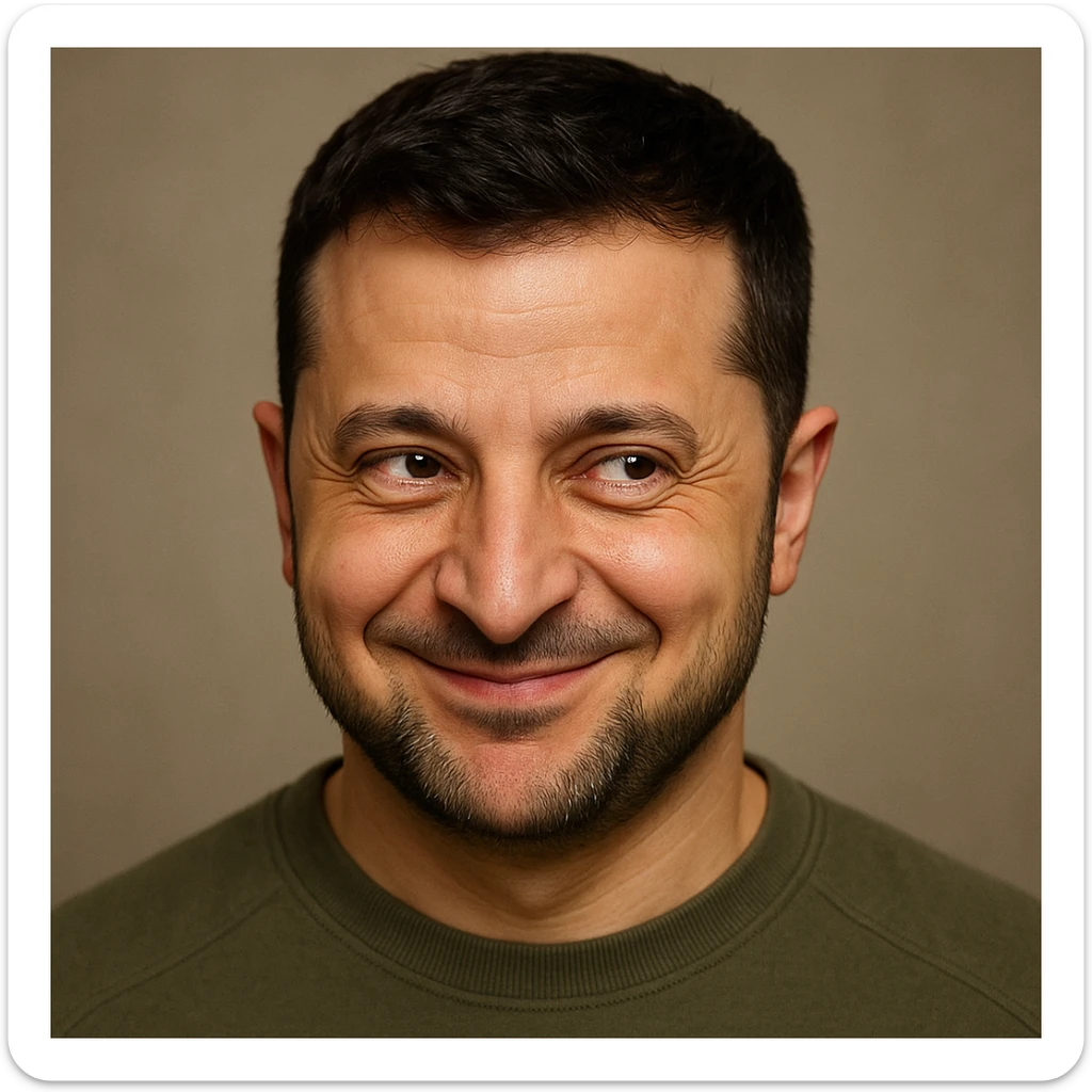 Vladimir Zelensky, photorealistic, emoji style, sly smirk, mischievous eyes sticker