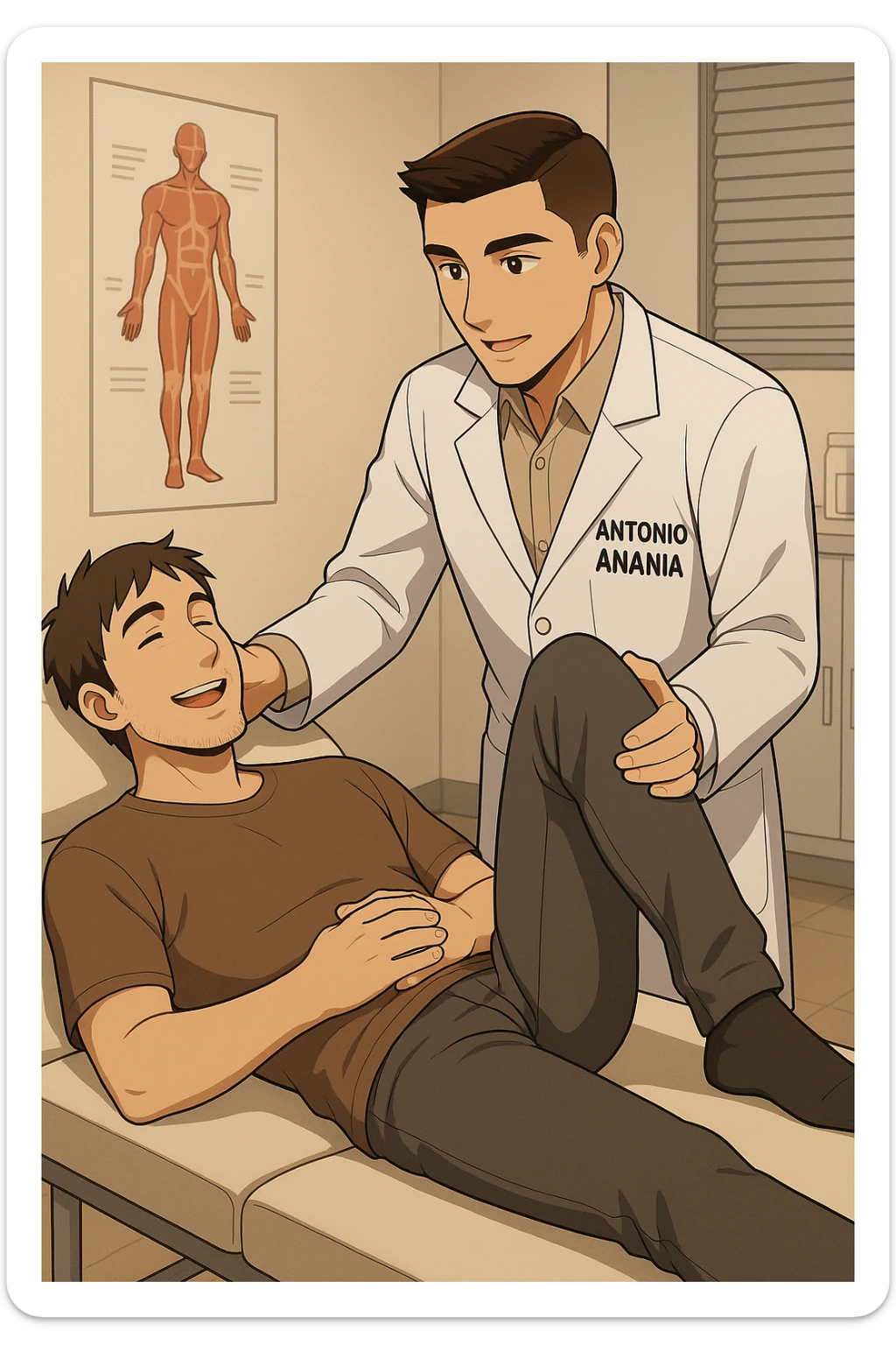 fai un webtoon manga a colori con questo stile, in cui un uomo è steso sul lettino medico e il kinesiologo con il camice bianco (fagli anche la scritta "ANTONIO ANANIA" SUL CAMICE, gli solleva una gamba per fargli il test neuromuscolare, IL KINESIOLOGO SPIEGA ALL'UOMO UNA cosa mentre gli alza la gamba. l'espressione dell'uomo è felice e soddisfatta, non fare i fumetti però, fai solo in modo che sembri stiano parlando, il lettino fai in modo che si veda tutto intero sticker