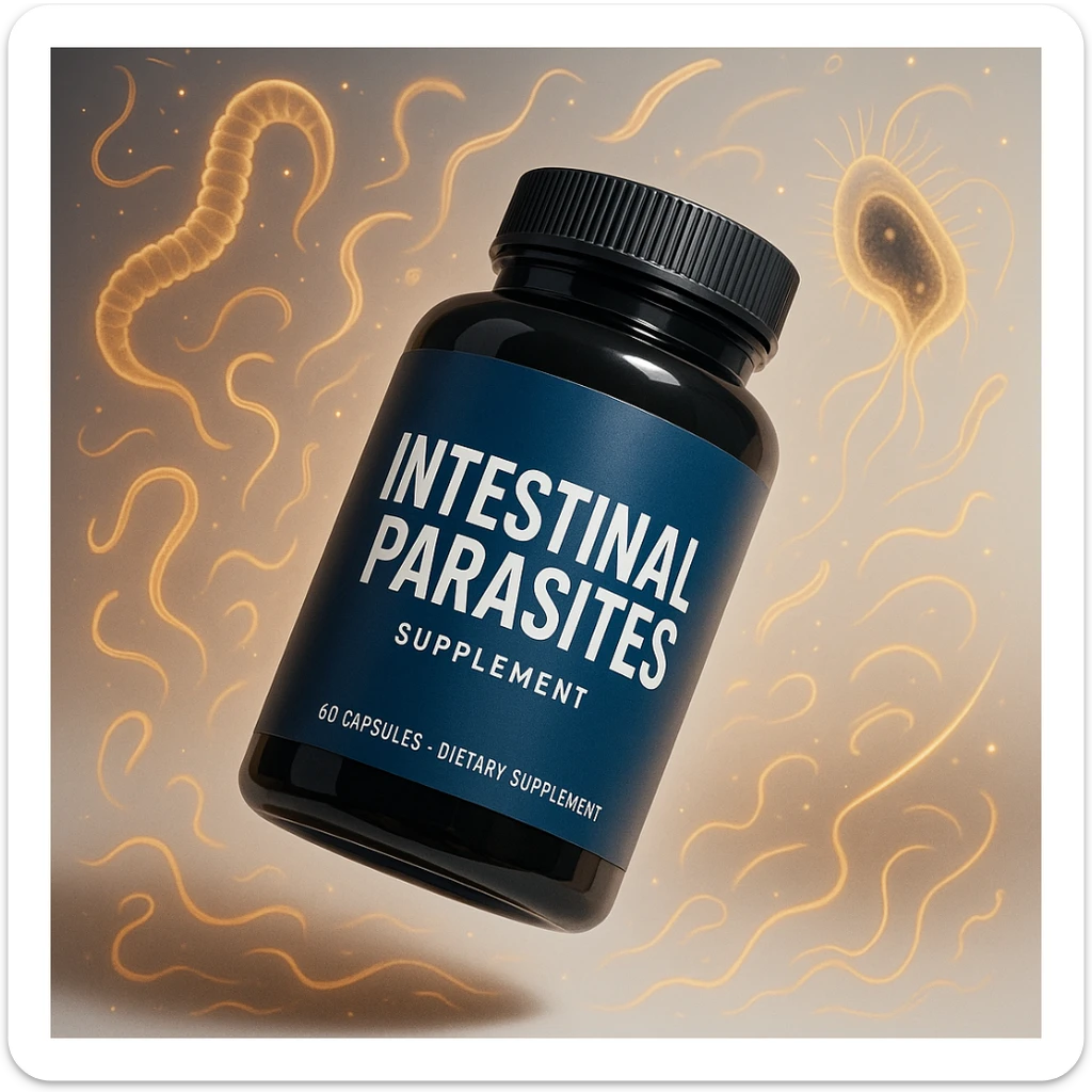 cinematic high-quality product ad poster for a supplement against intestinal parasites, stylized jar or pack floating slightly tilted with soft shadow, bold white gradient background, dynamic floating illustrations of intestinal parasites including worms protozoa microscopic forms, sparkle effects motion trails glow lines, modern eye-catching look, label on jar clearly visible, bold modern style suitable for eCommerce and social media ads sticker