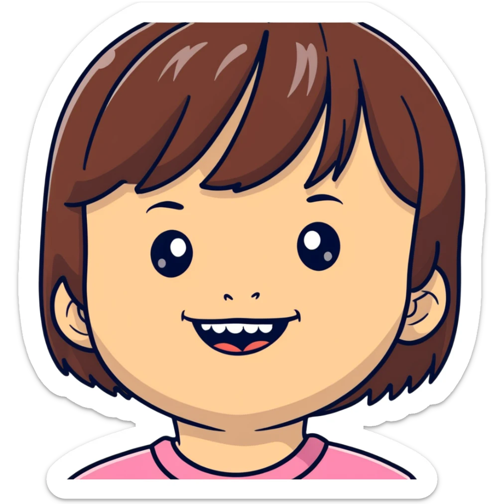 Adorably, cute and cool little six-year-old gamer, girly with brunette hair, missing her two top front teeth, and she has bangs sticker
