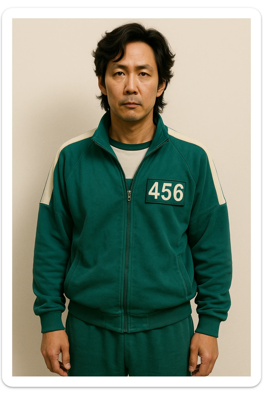 Player 456, Seong Gi-hun from Squid Game 3, wearing the green player team tracksuit, standing, neutral expression, simple background sticker