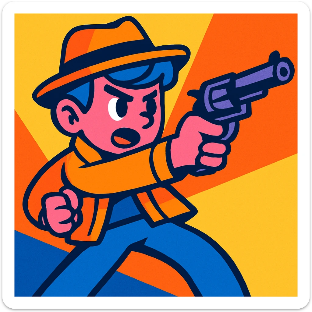 cartoon boy with pink skin and blue hair, wearing a stylish hat, aiming a gun, vibrant colors sticker