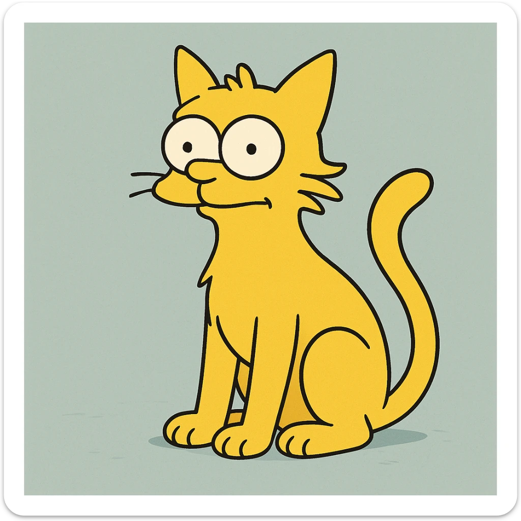 cat in the style of The Simpsons, sitting, yellow fur, cartoonish, big eyes, simple background sticker