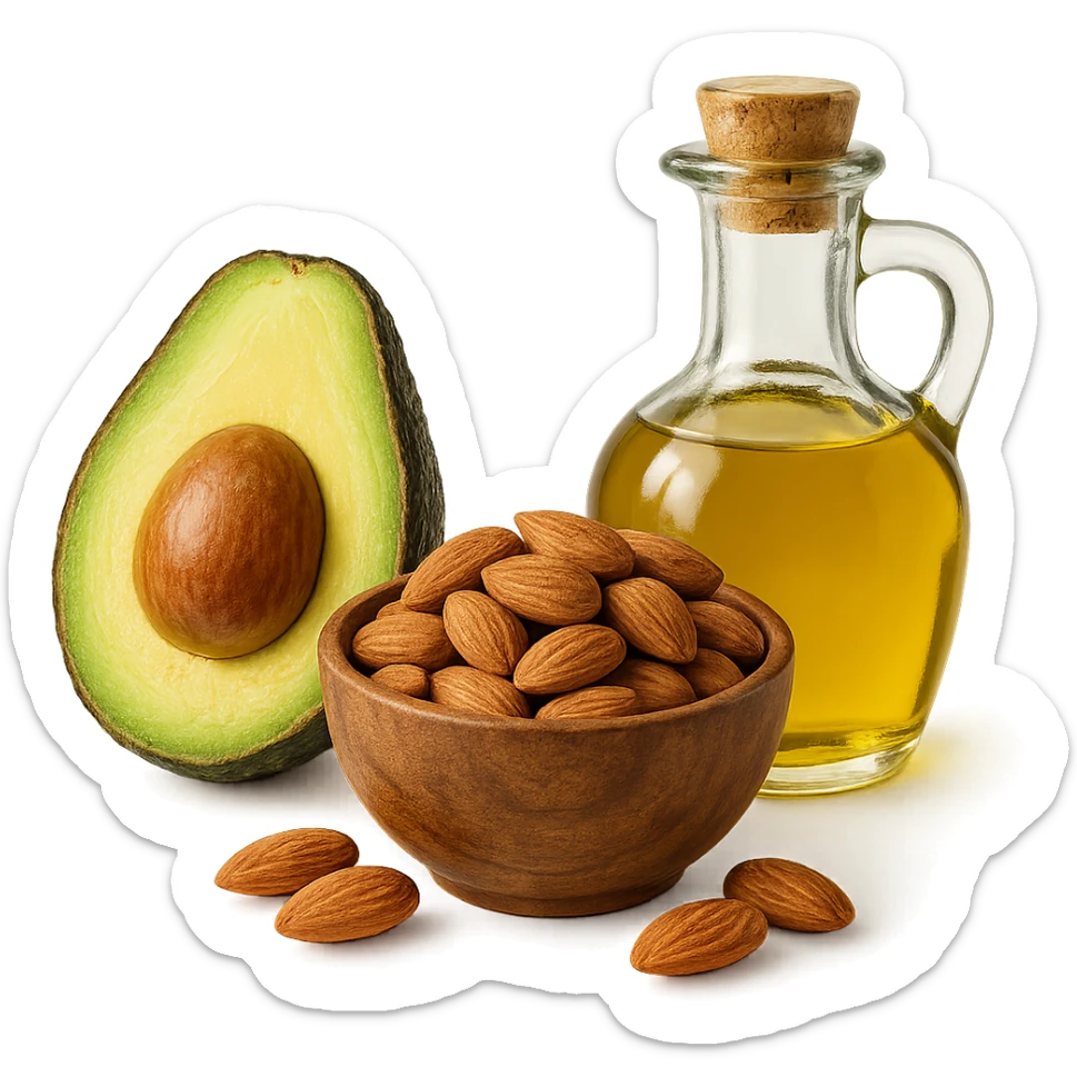 AVOCADO, BOWL DI MANDORLE E OLIO DI OLIVA, iperrealistico 4k, ISOLATA SU SFONDO BIANCO sticker