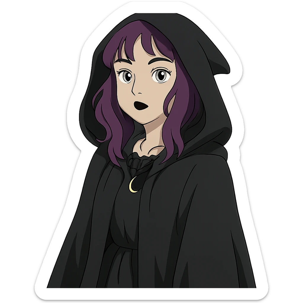 gothic woman with purple hair, witchy touch, wearing a black cloak, ghibli style sticker