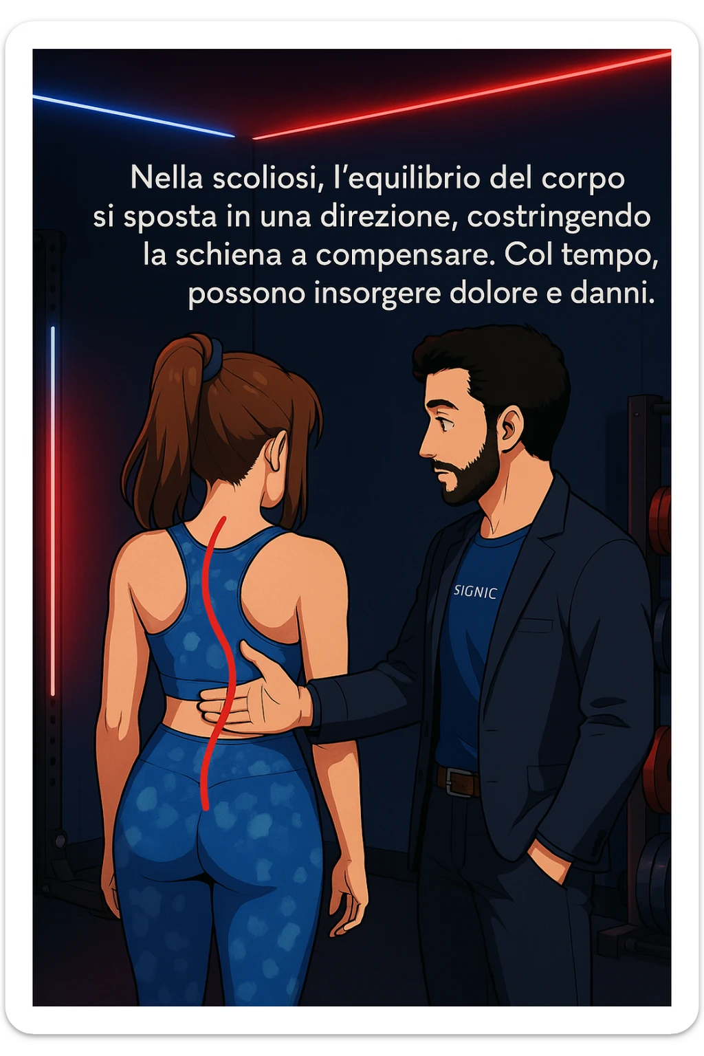 ispirati a questo stile di disegno e fai questa immagine in versione manga/webtoon a colori, il manga mostra la donna di spalle, mentre l'uomo le tocca la spina dorsale per spiegarle come funziona la scoliosi:
Con una scoliosi il baricentro corporeo cade maggiormente da un lato; per non cadere la schiena compensa accumulando tensione sul fianco opposto.
Il risultato? Si inclina e ruota sempre più, fino a che non cede (discopatie, artrosi, ecc) sticker