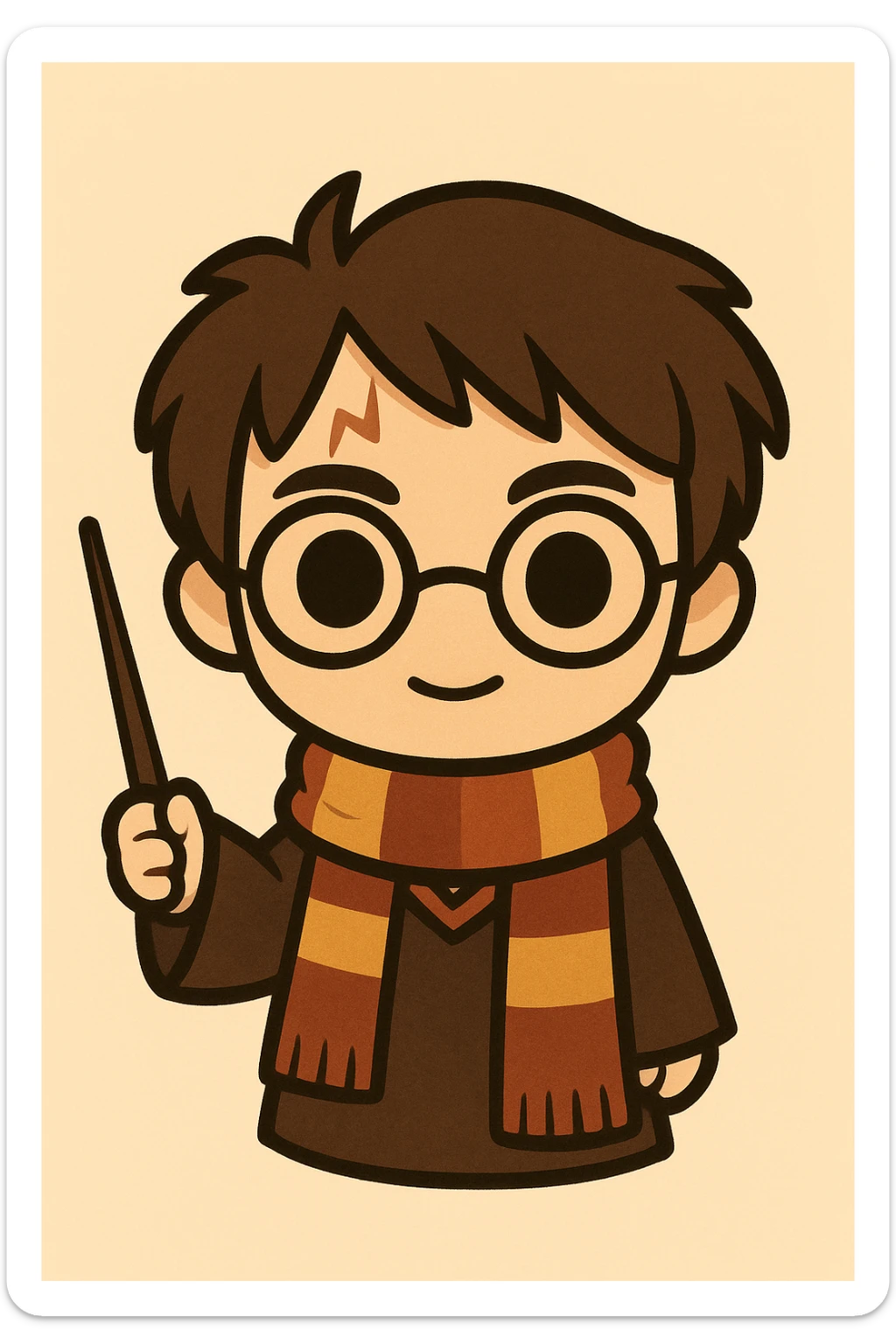Illustration of Harry Potter in a cute, cartoon, and simplified style matching the previous hippogriff: boy with round glasses, scar on forehead, striped scarf, dark brown hair, and wand. Use bold black lines and soft colors. sticker