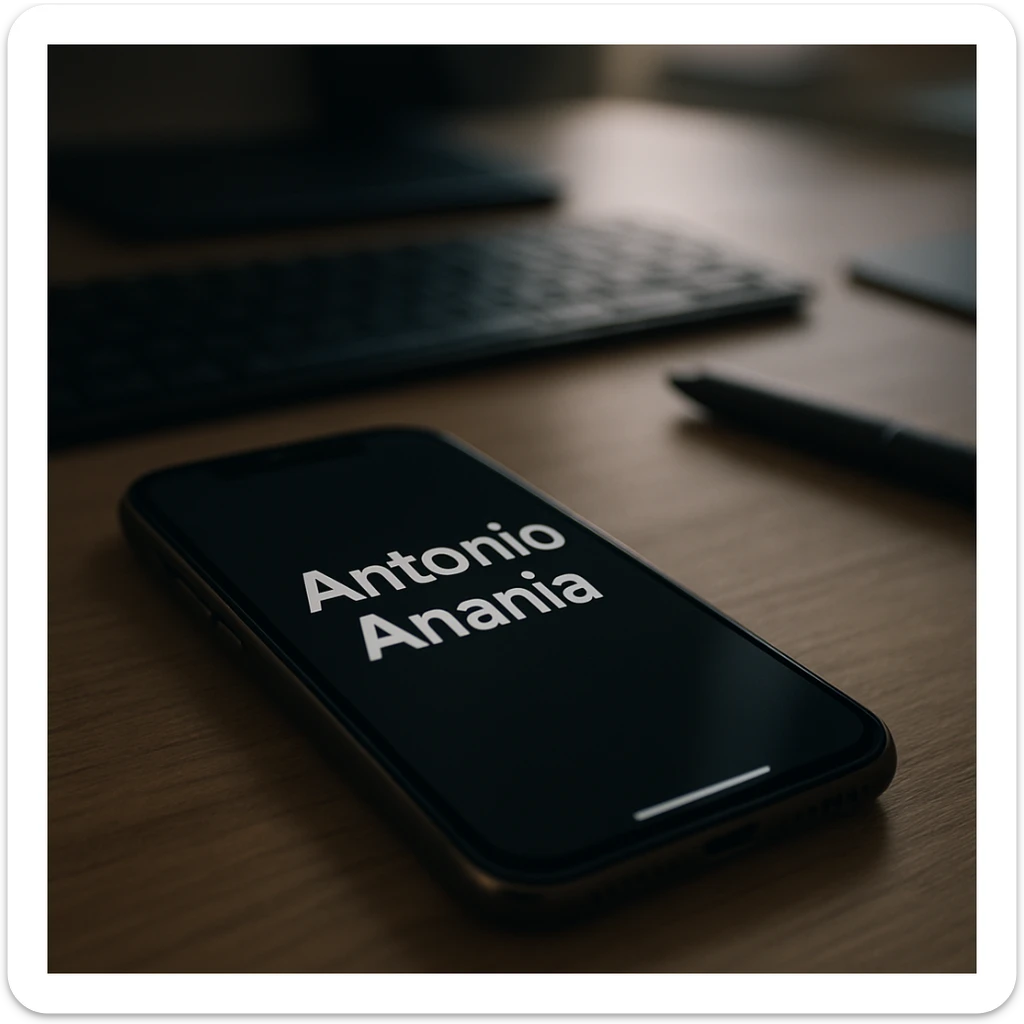 A photo of an iPhone with the message "Antonio Anania" on its screen, The phone sits atop a desk with a blurred background that suggests work environment. A faint glow from above casts gentle shadows across the surface of each object, creating depth and highlighting their textures. sticker