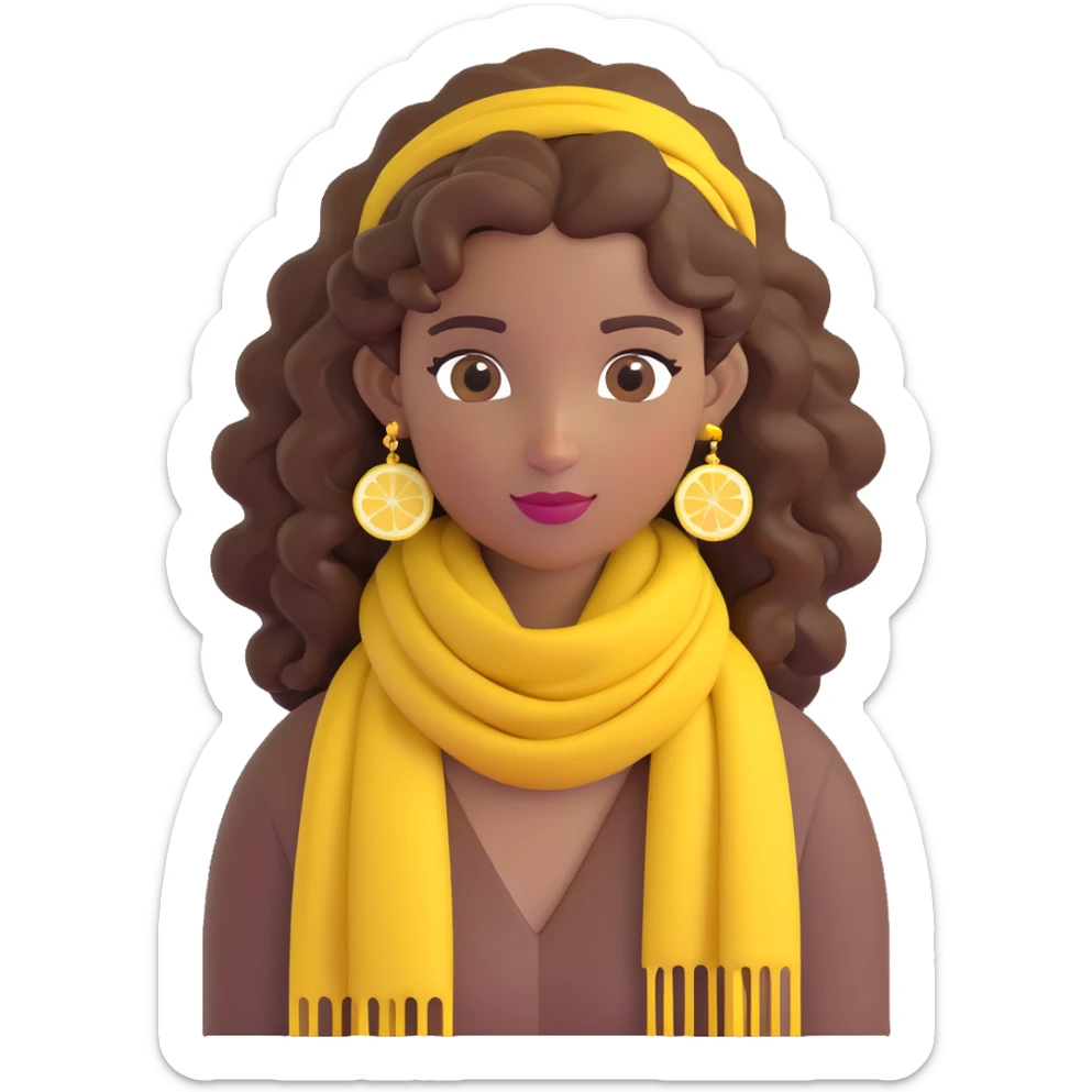 bohemian girl emoji, brown skin, long curly brown hair worn up, lemon yellow scarf, round earrings sticker