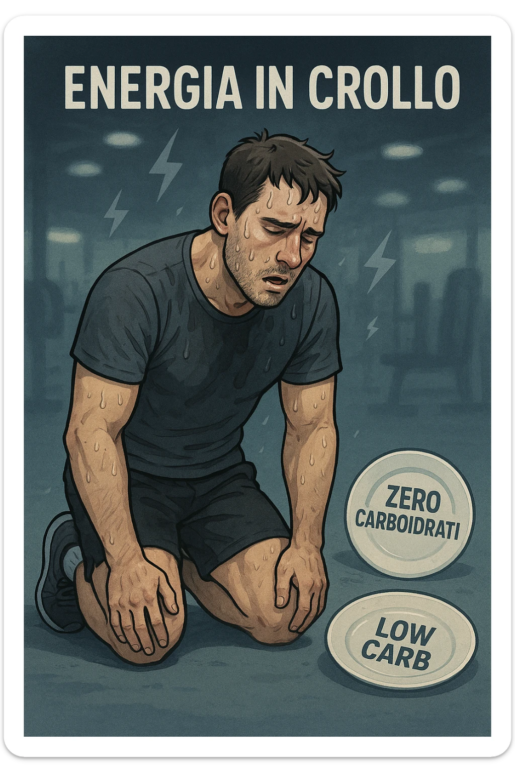 Uomo sportivo sui 30 anni in palestra, inginocchiato, esausto, con il volto sudato e un’espressione di forte stanchezza. Le luci della palestra sembrano sfocate, a simboleggiare confusione mentale. Accanto a lui, piatti vuoti con scritte tipo 'zero carboidrati', 'low carb'. I muscoli appaiono sgonfi e senza tono, mentre piccoli simboli di energia (come fulmini grigi spenti) si allontanano dal suo corpo. In alto, la scritta 'Energia in crollo'. Atmosfera spenta, colori freddi, sensazione di vuoto e affaticamento. in italiano sticker