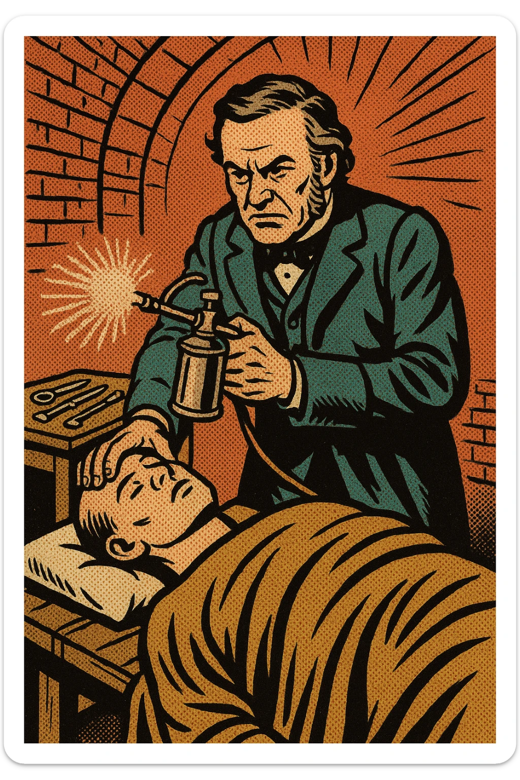 A victorian surgeon like Joseph Lister using a carbolic acid spray during an operation on a patient who is on a wooden operating table. There are surgical tools on a bench to the side and this takes place in a victorian operating room sticker