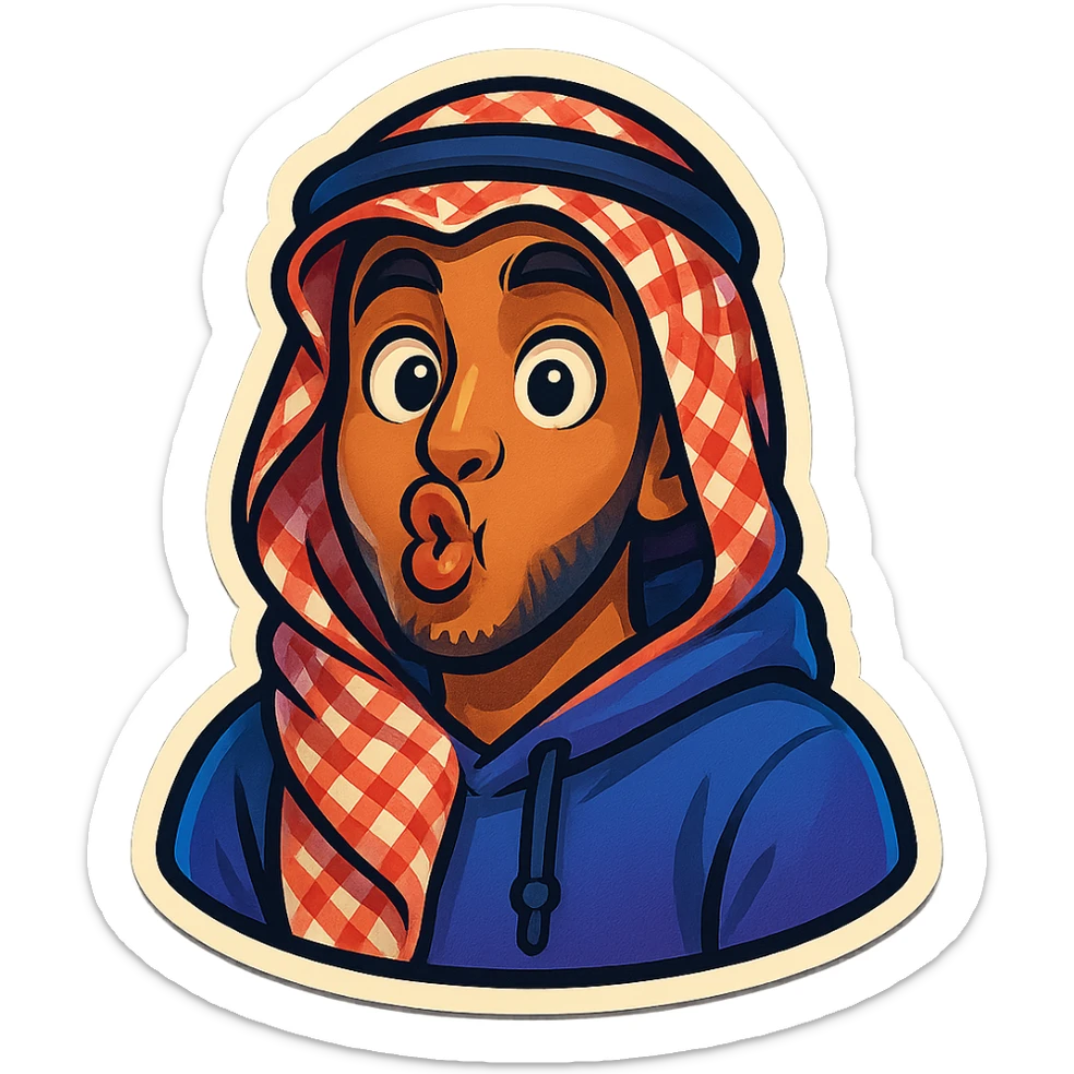 cartoonish, bold, vibrant emoji-style sticker of Ara, an Arab young man with medium brown skin, black hair, wearing casual urban Middle Eastern streetwear like a keffiyeh scarf or hoodie, making a silly fish face with puckered cheeks sticker