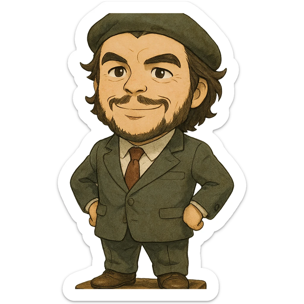 statuette of Che Guevara in a suit and tie, big head, confident smile, ghibli style sticker