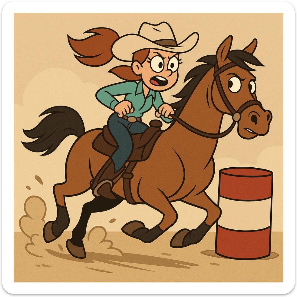a girl barrel racing on a horse, western cartoon style sticker