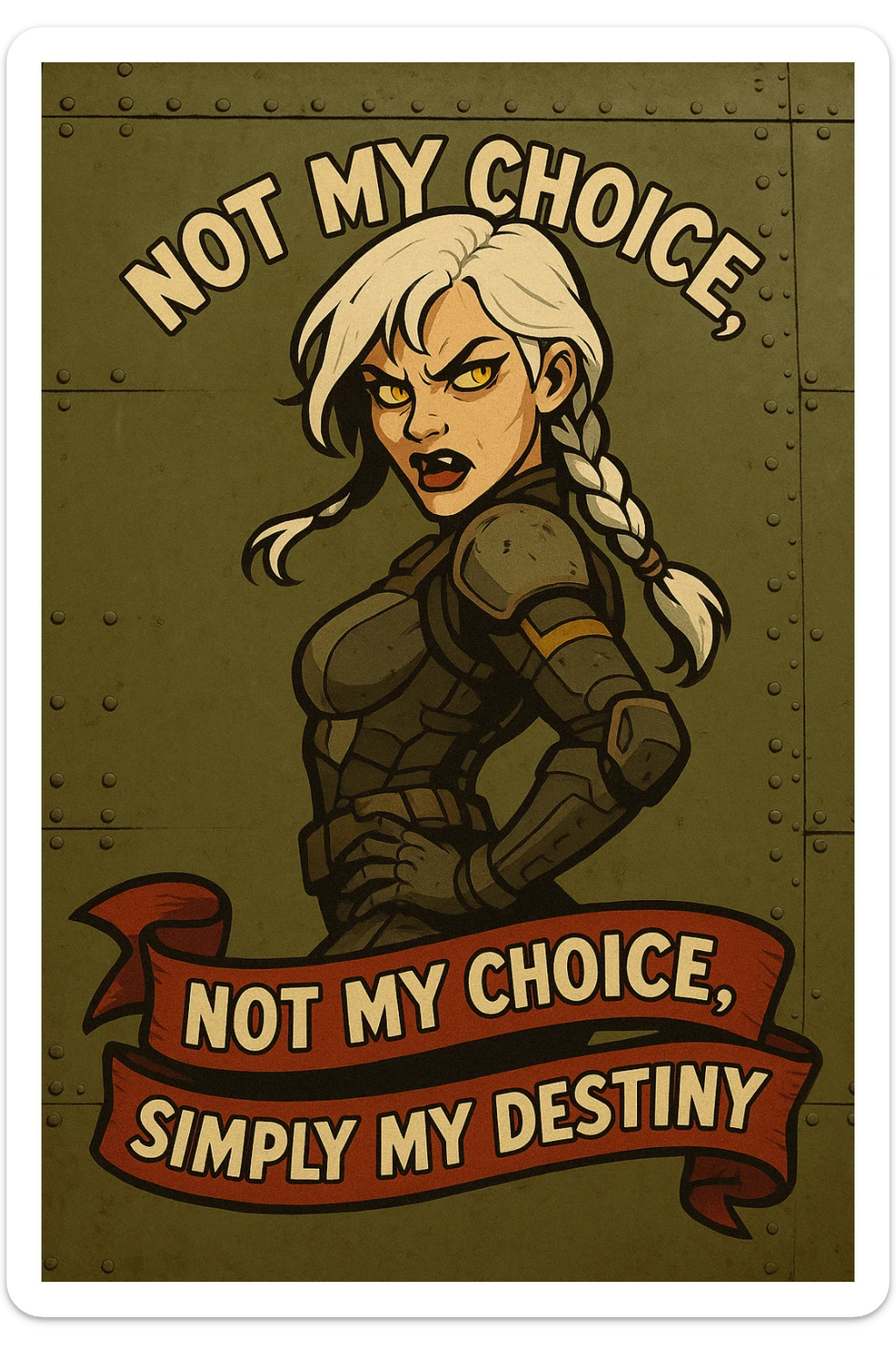 a retro military pinup fuselage decoration for the motto " not my choice, simply my destiny "
; female figure young and gorgeous, white hair 1 braid, gold yellow eyes, spacer, fierce, exo-rogue, menacing yet taunting sticker