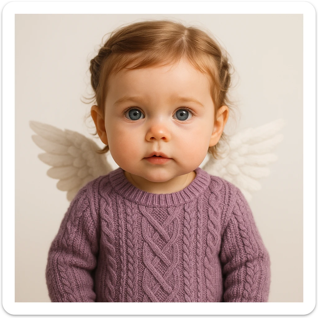3D realistic game concept art of a cute baby girl, golden brown hair in little braids, charming blue eyes, wearing a cute purple knit sweater, with angel wings on her back, front view, clean background, high-end, creative, minimalist sticker