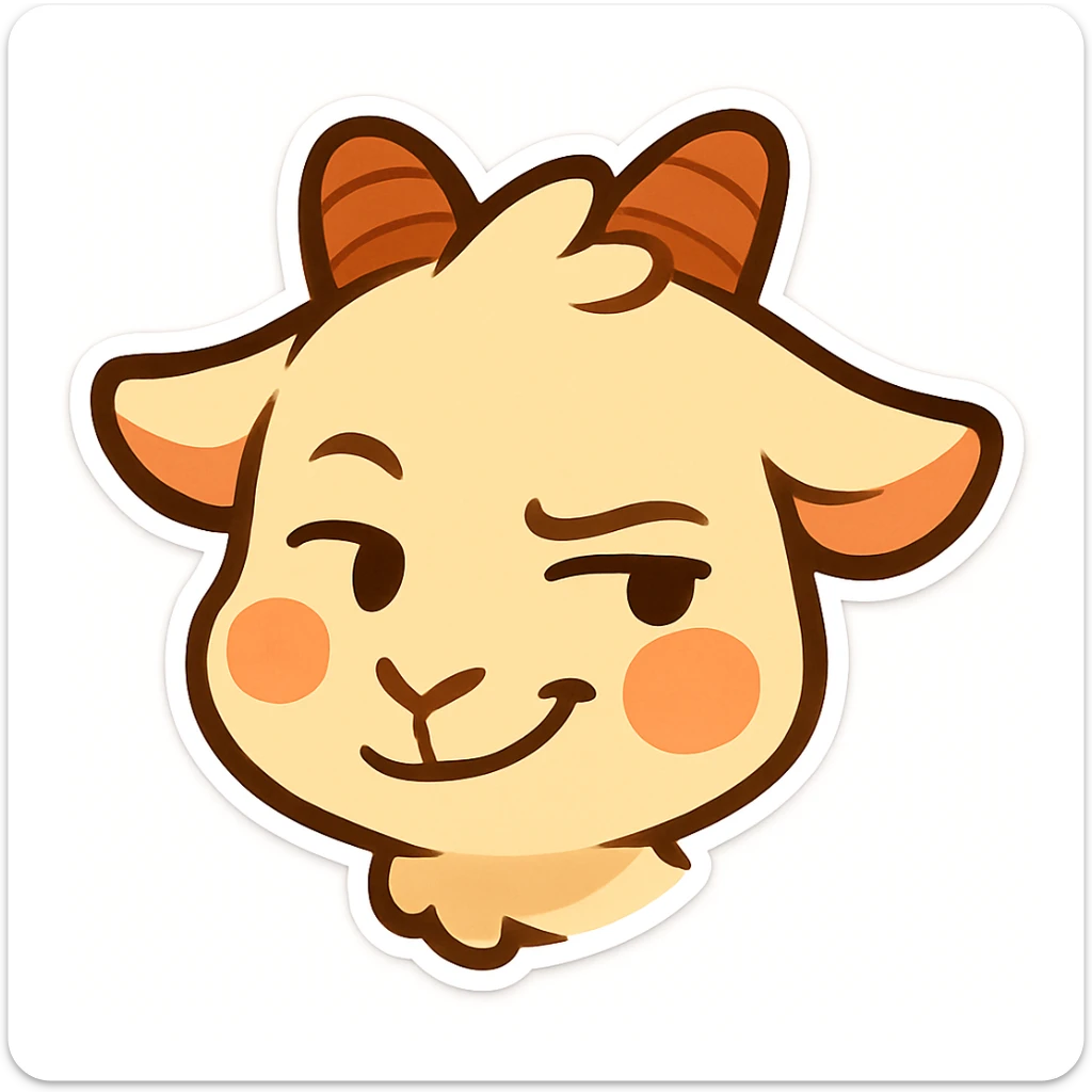 Edit the chibi goat head to look to the side with a little smirk and a mischievous expression, add a slight blush on the cheeks. Keep the simple, clean chibi stickers style and maintain a white background. Designed for a small emote. sticker