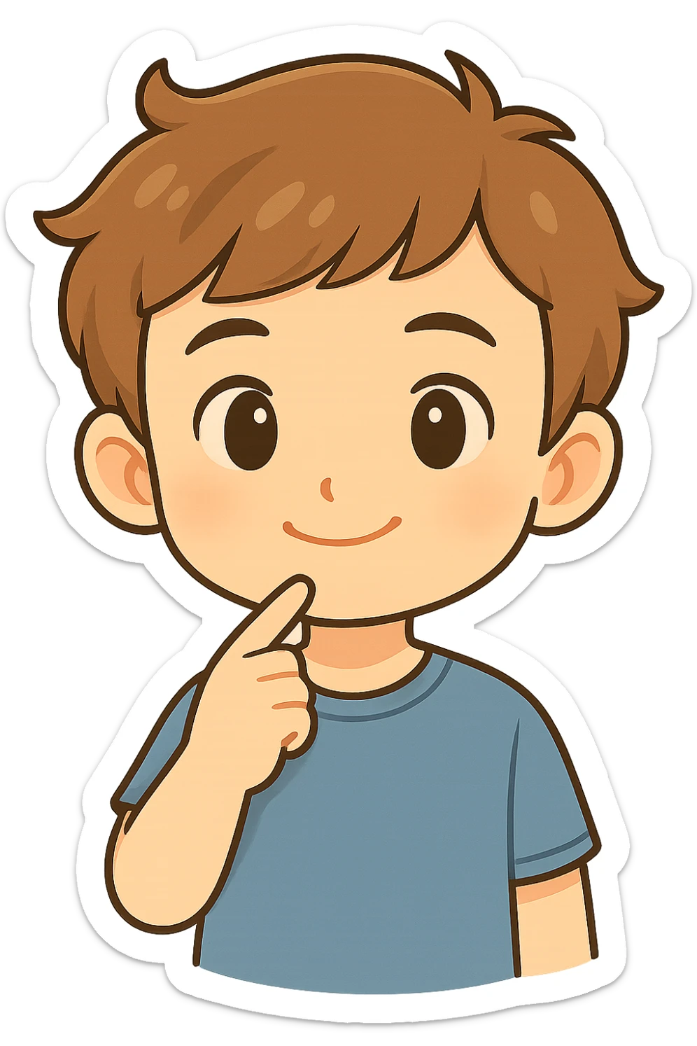 Add a finger pointing to the boy's chin, keep the chibi cartoon style, with no background. sticker