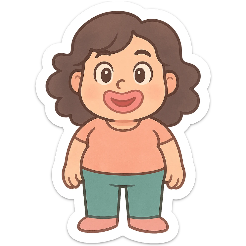 pastel toon style character with dark brown wavy hair, big brown eyes, small nose, big pink mouth, medium weight, medium height sticker