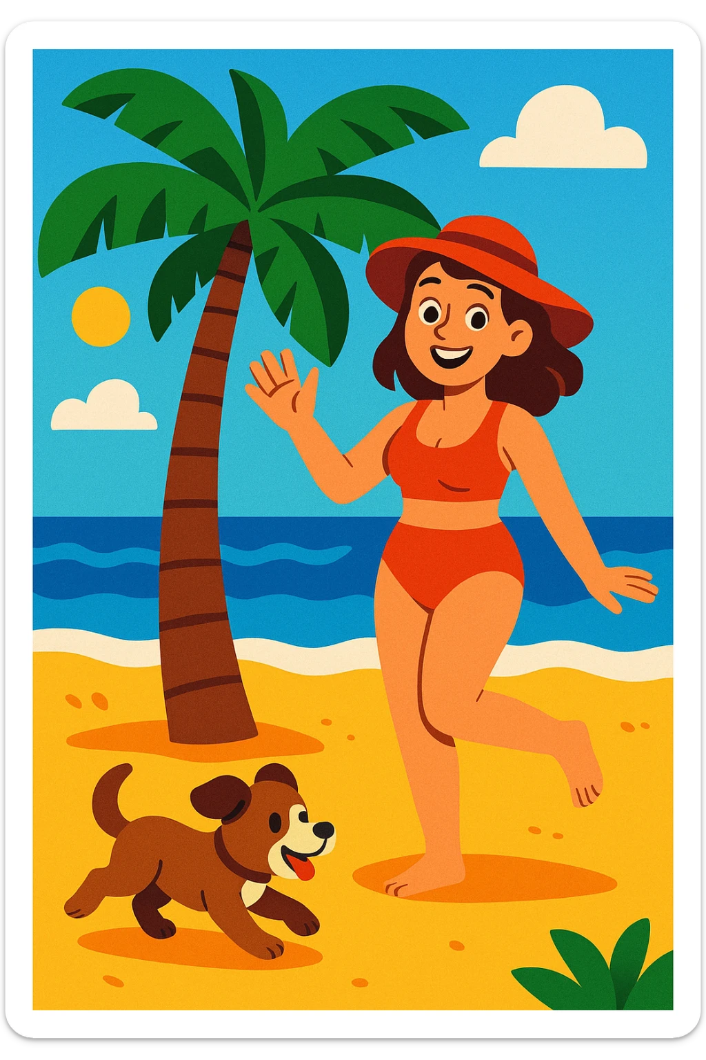 a woman in swimwear on a beach with a palm tree and a puppy, vibrant and inviting style sticker