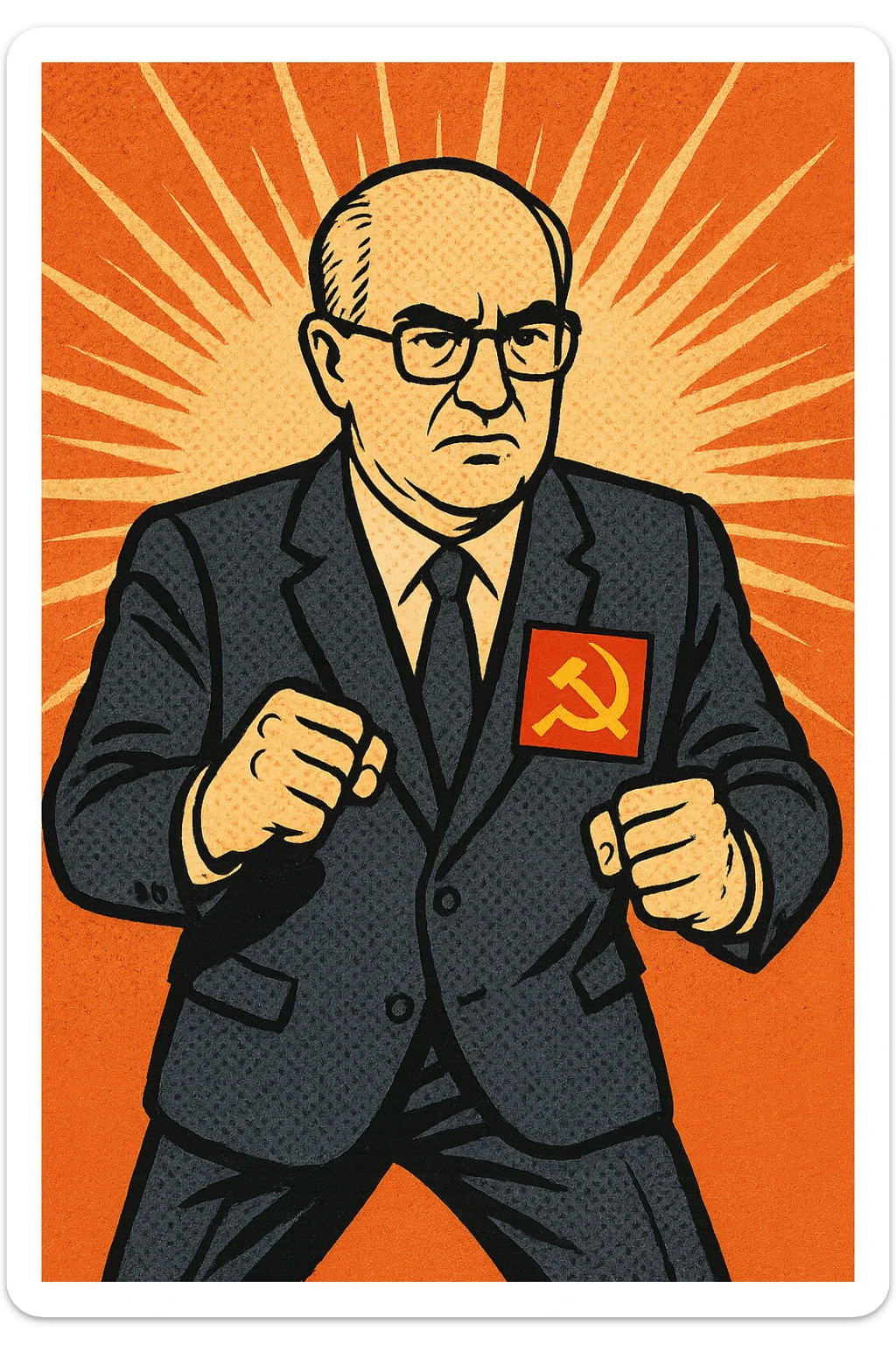 The full body of Soviet leader Yuri Andrapov looking determined with his fists out ready to fight. He has a large Communist flag badge on his chest sticker