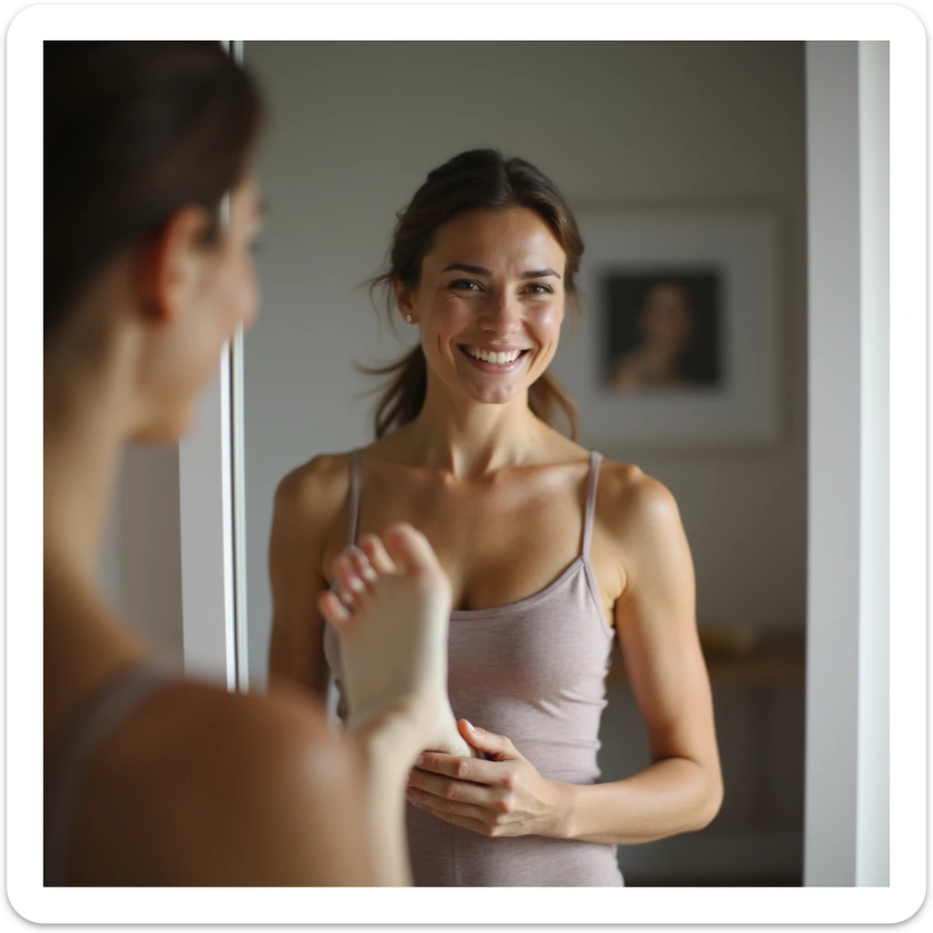 realistic 4K woman in front of mirror putting on insole and smiling, reflection shows discomfort expression suggesting relief won't last sticker