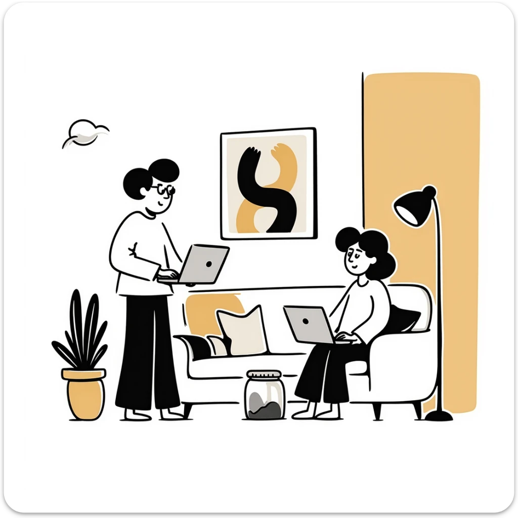 Flat illustration of a cozy mid-century living room with two people working on laptops, one man standing at a desk and one woman sitting on a couch, warm tones, two walls and floor visible sticker