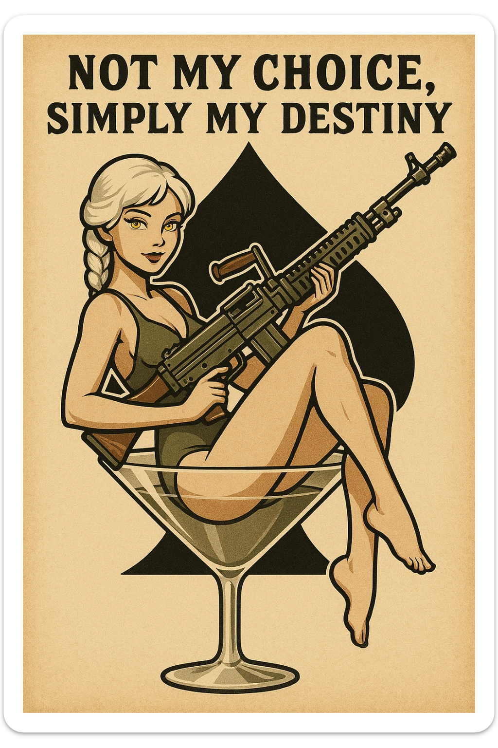 a retro military pinup " not my choice, simply my destiny "
; female figure young,gorgeous, white hair 1 braid, gold yellow eyes, sitting in a martini glass with a massive LMG in a swimsuit in front of a large 'spade' that frames the design sticker