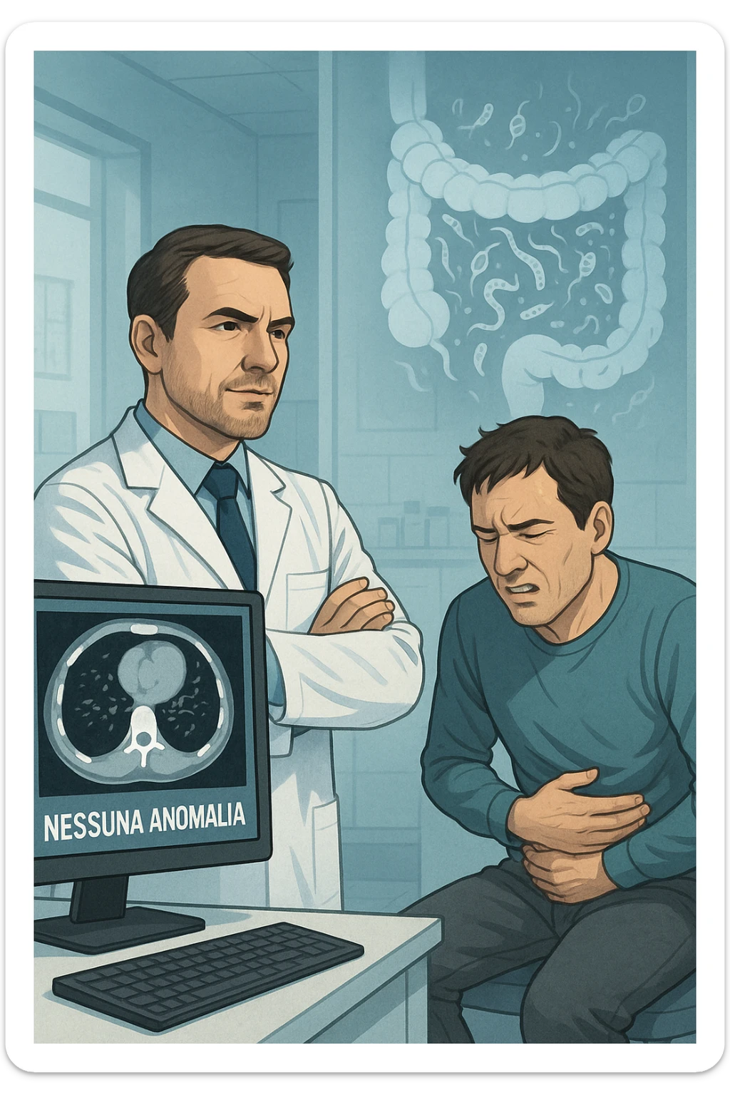 Medico in camice bianco in uno studio moderno, mentre osserva una TAC o ecografia su uno schermo con espressione convinta. Accanto a lui, un paziente seduto che lamenta dolori intestinali. Sullo sfondo, un’immagine traslucida dell’intestino pieno di piccoli parassiti stilizzati (vermi, protozoi), non visibili nel monitor medico. Il monitor mostra 'nessuna anomalia', ma dietro c’è la realtà invisibile. Atmosfera clinica ma con contrasto simbolico tra 'ciò che si vede' e 'ciò che sfugge'. Colori freddi, luce ospedaliera in italiano sticker