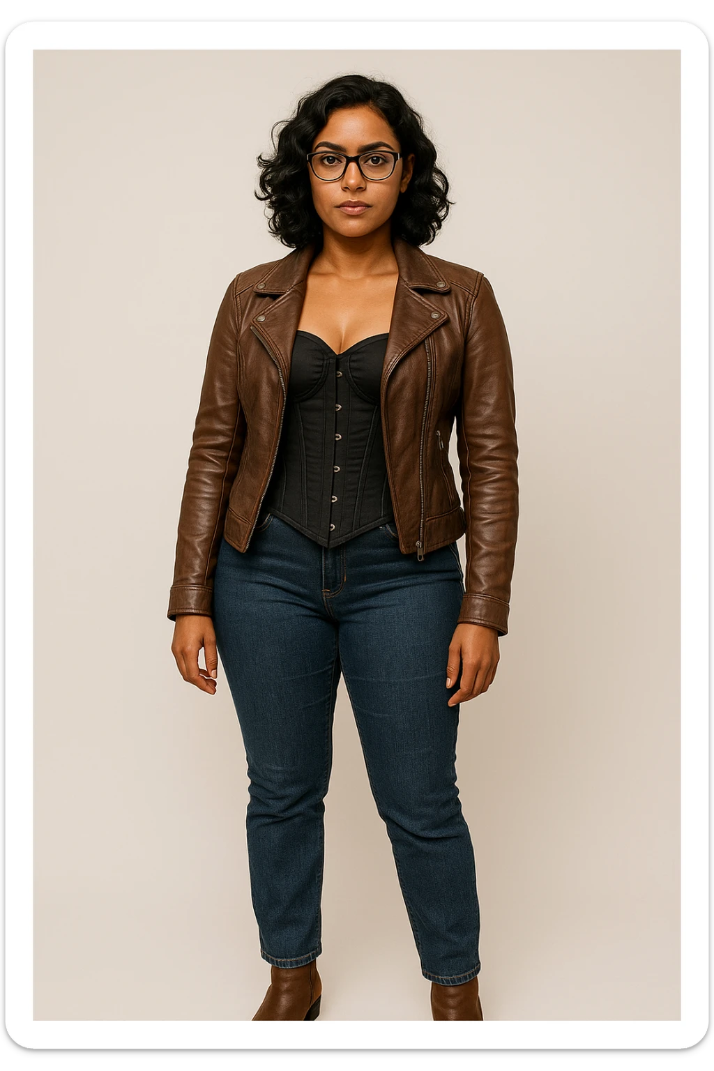 A woman with light brown skin, wavy black hair, and square-shaped glasses. She wears a black corset dress with a brown leather jacket, blue jeans, and brown ankle boots, in a neutral pose. sticker