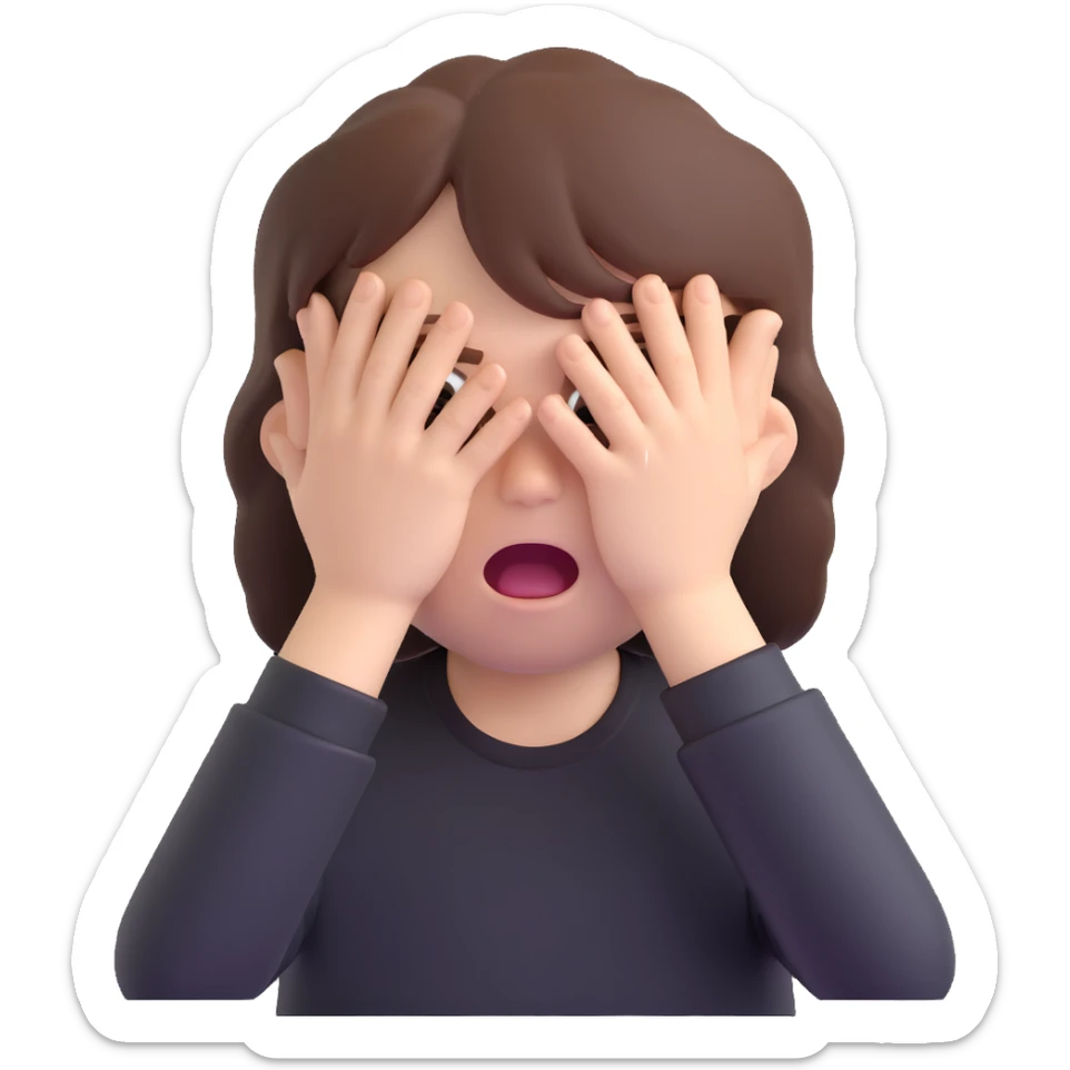 front emoji of a white boy with very large brown hair, wide open eyes, wide open mouth, hands covering his eyes, wearing a black shirt sticker