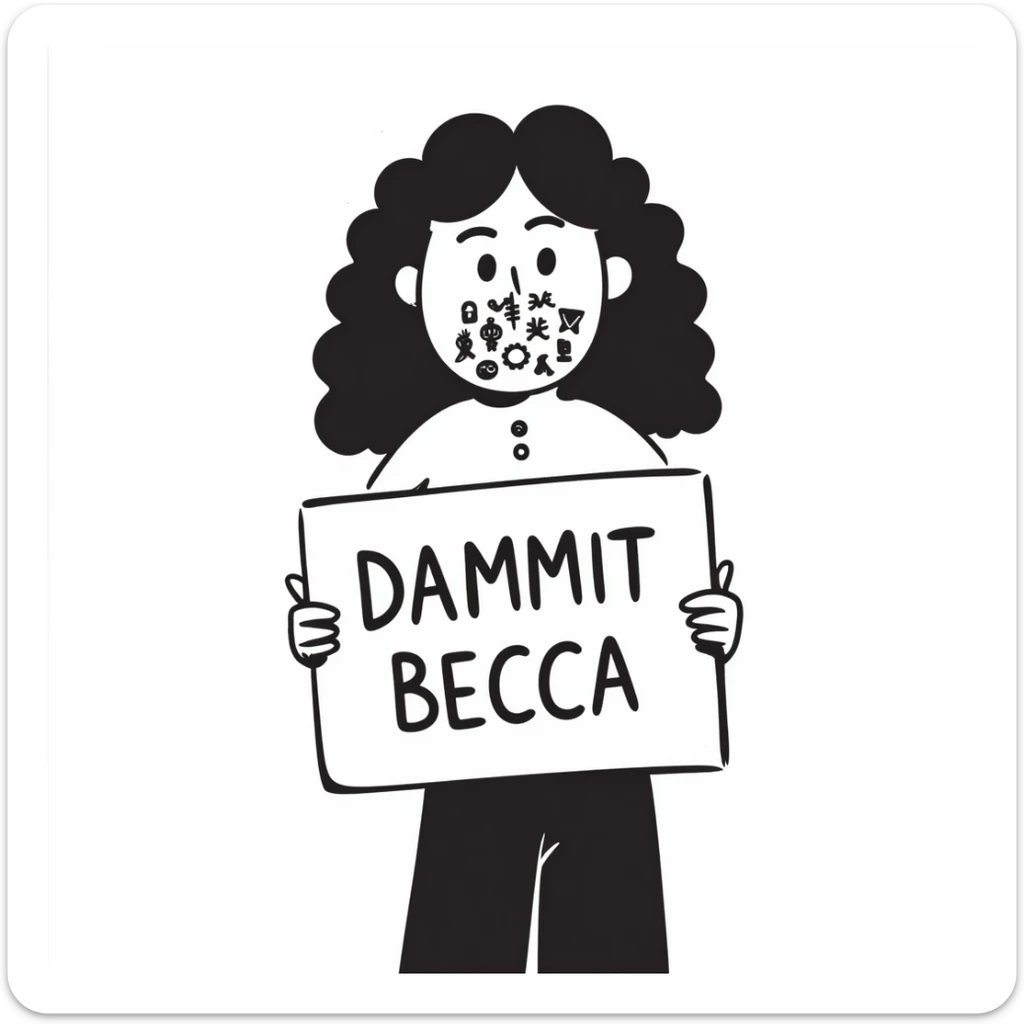hand-drawn doodle of a face with symbols over the mouth, holding a protest sign that says 'Dammit Becca' sticker