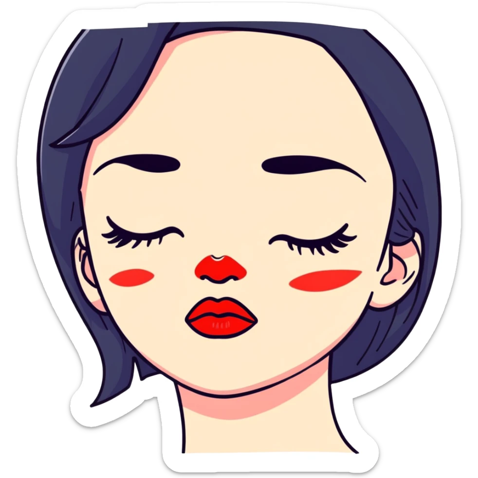 Cute girl with black hair and red lipstick kiss marks on her face sticker