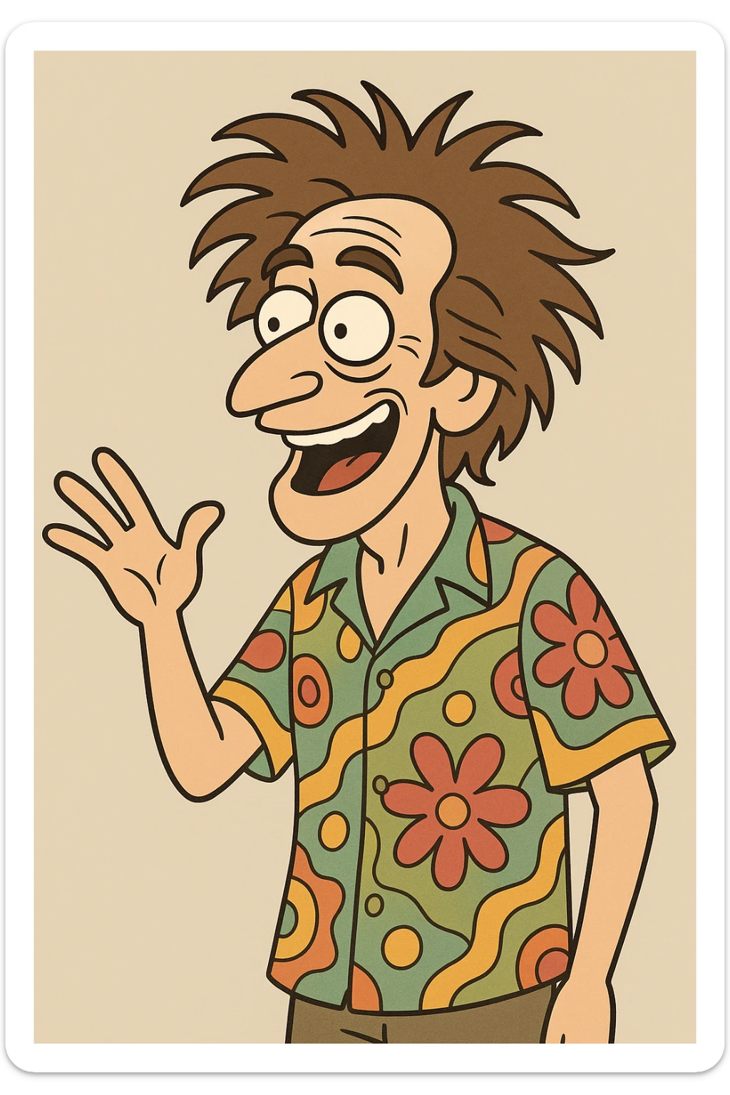 Shimmy Jimmy from the movie Blended, energetic, wild hair, colorful shirt, expressive face, cartoon style sticker