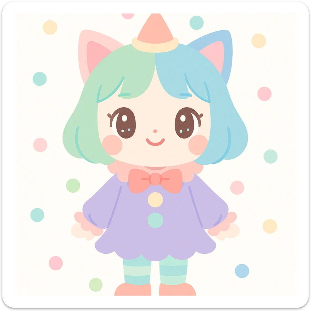 asian girl with cat ears, dressed like a clown, green and blue colored hair, cute and appealing style sticker
