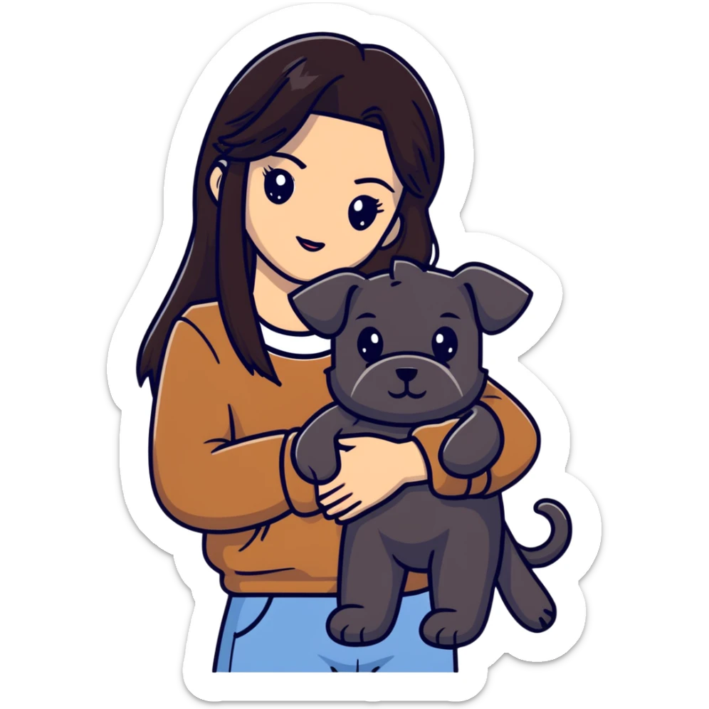 Kendall Jenner with long dark hair holding a brown teddy bear, a black schnauzer and a cow cat in her arms sticker