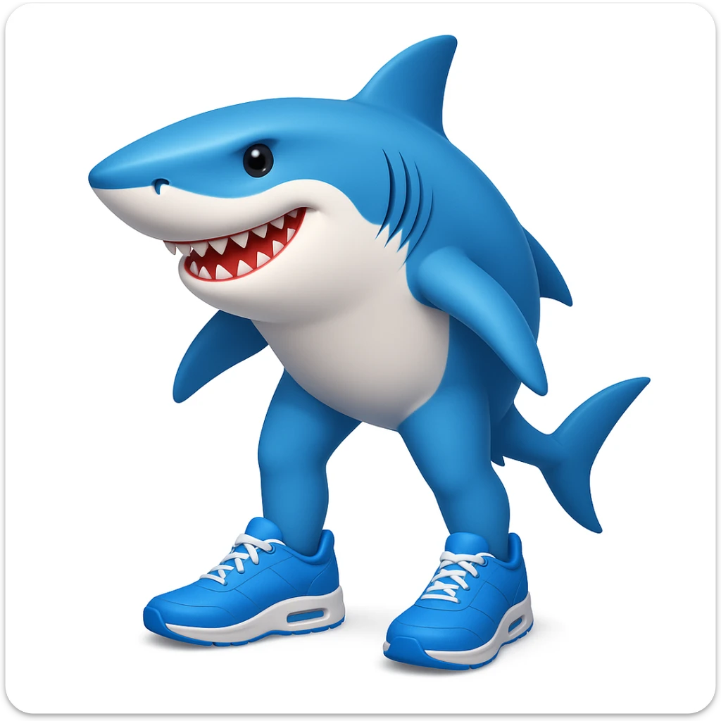 Add legs to the shark so it is actually wearing the blue shoes, keeping the style similar to emoji style (apple style emojis). sticker