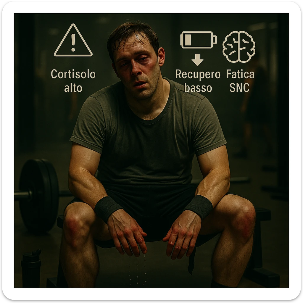 Add floating symbols above the head with Italian text: 'Cortisolo alto', 'Recupero basso', 'Fatica SNC'. The style should be raw cinematic with muted colors and dramatic lighting. The symbols must be clear and legible. sticker