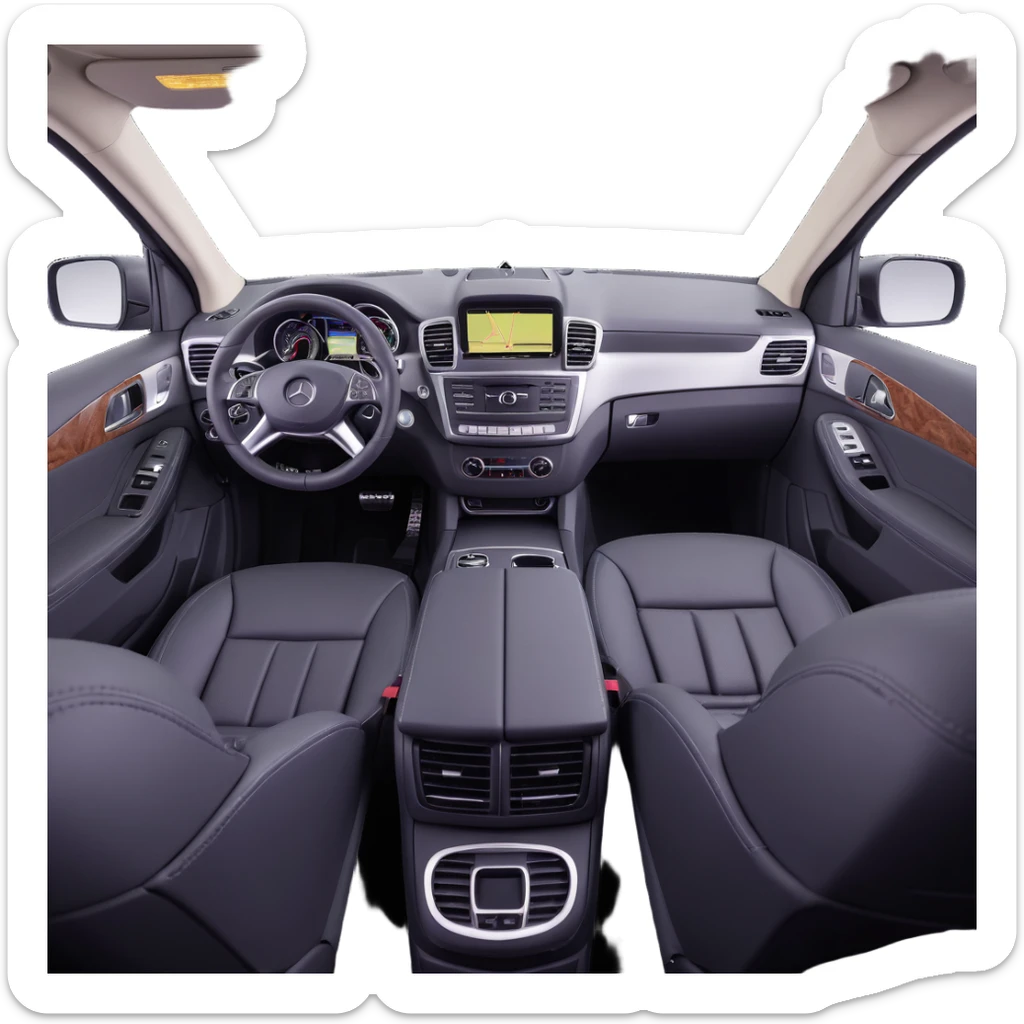 3D style image of the interior of a 2015 Mercedes Benz ML350, black leather seats, dashboard and steering wheel, luxury SUV details, rear seats view sticker