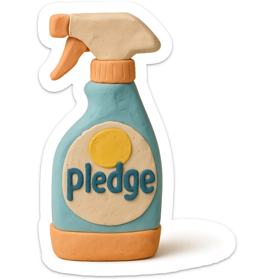 claymation style Pledge-inspired furniture polish bottle with a spray nozzle, playful arrangement, pastel palette sticker