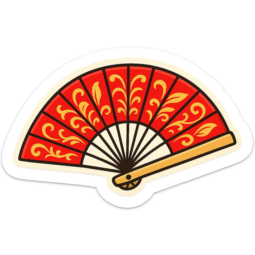 Add gold details to the red hand fan in the style of cartoonish stickers. Keep the sticker style with no background. sticker