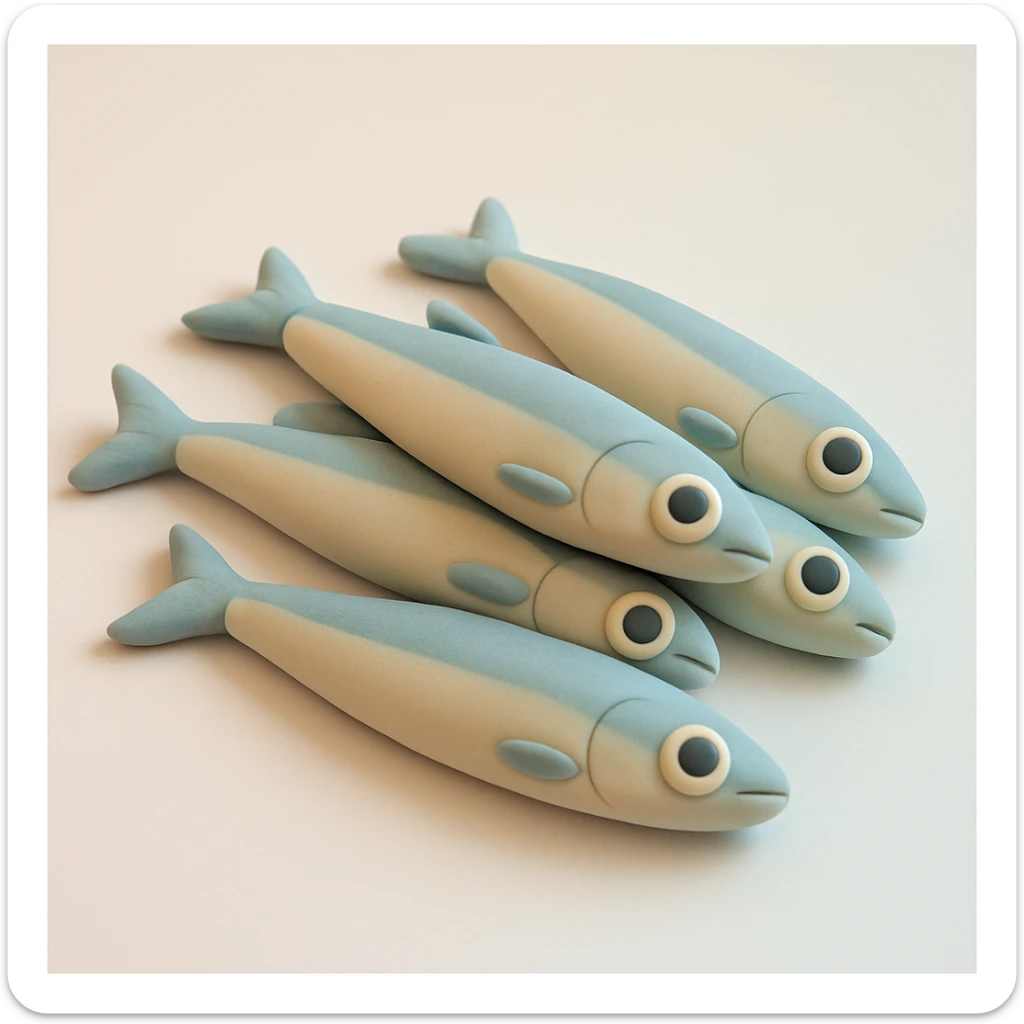 anchovies in fondant cake art style, pastel colors, soft and playful, no text sticker