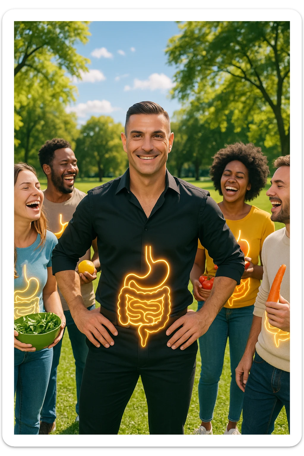  a smiling man stands at the center of a group of diverse, happy people in a bright park. Everyone has a subtle, glowing outline around their abdominal area, symbolizing a healthy gut. The group is laughing, sharing fresh fruits and vegetables, and the atmosphere is vibrant and full of energy. sticker