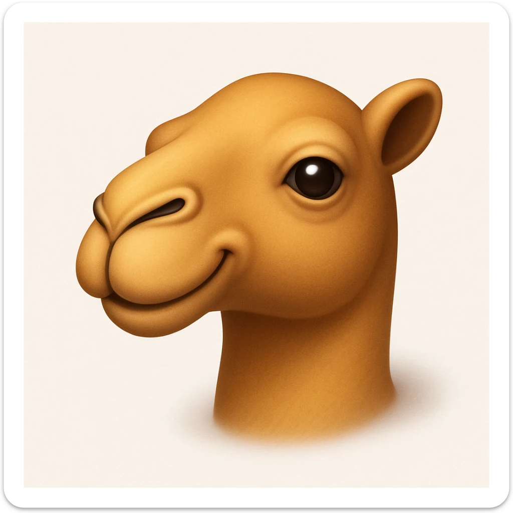 Edit the camel emoji to remove the hat, the green part of its neck, and the thing in or by its mouth. Keep all other details and style exactly like the iOS emoji style reference image. Add a soft shadow. sticker