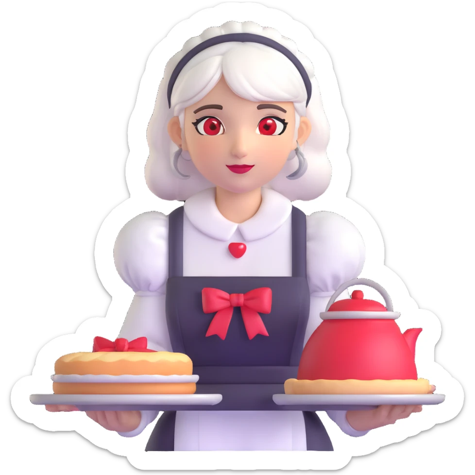 Alpha, a member of Shadow Garden, with her white hair, red eyes, and maid outfit, holding a tray. sticker